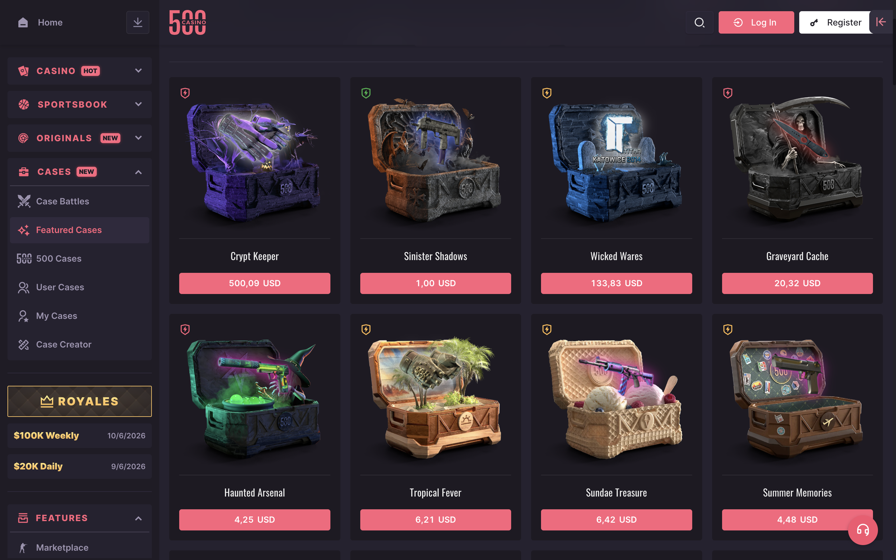 500 Casino Cases page showing featured cases such as Crypt Keeper, Sinister Shadows and Wicked Wares with prices