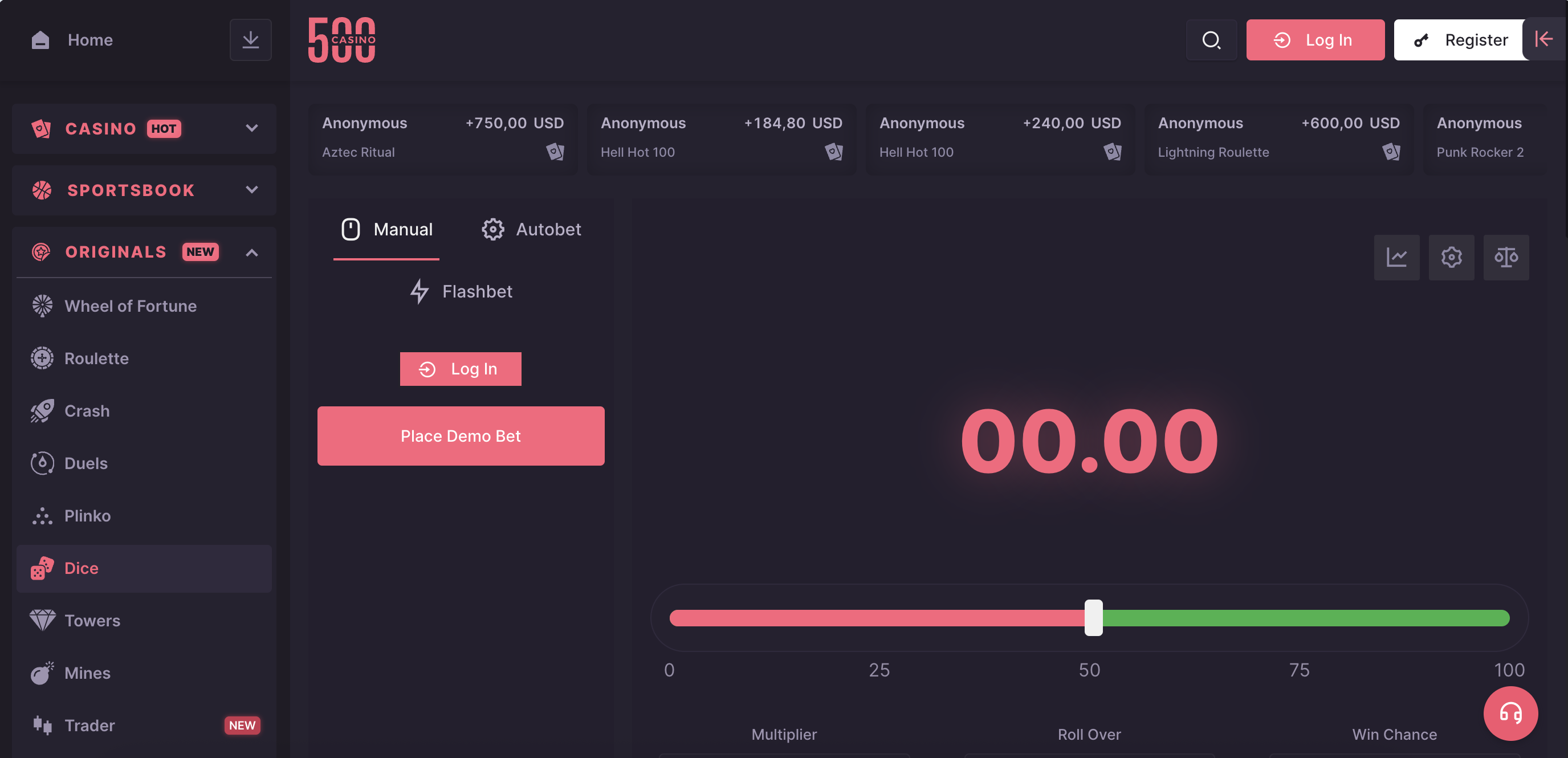 500 Casino Dice original game with manual, autobet and flashbet modes