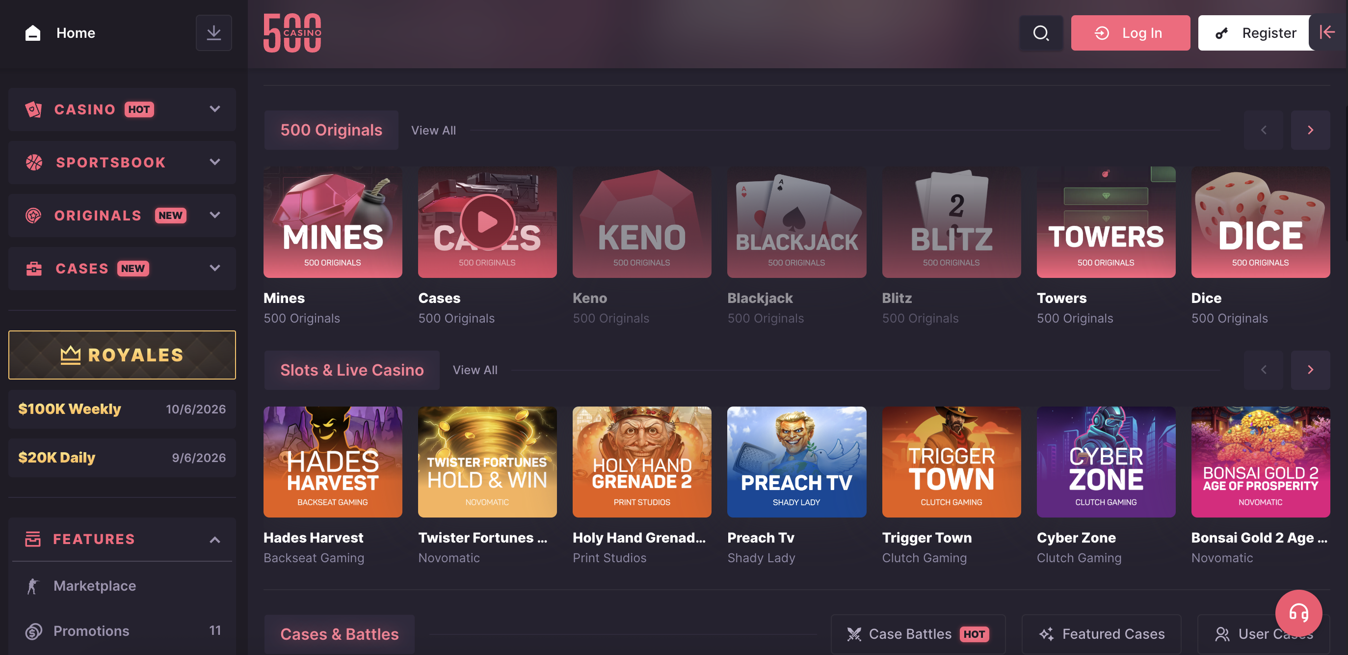 500 Casino lobby showing 500 Originals like Mines, Cases, Keno and a Slots and Live Casino row