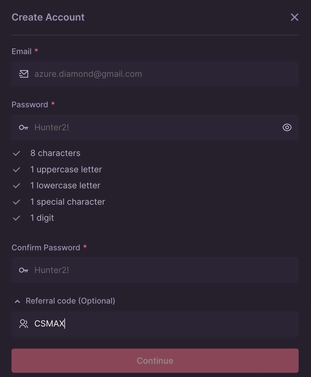 500 Casino Create Account form with referral code CSMAX entered in the optional referral field